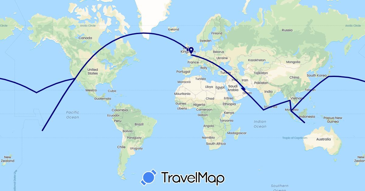 TravelMap itinerary: driving in United Arab Emirates, France, United Kingdom, Indonesia, Japan, Sri Lanka, Maldives, Malaysia, Qatar, Thailand, United States (Asia, Europe, North America)